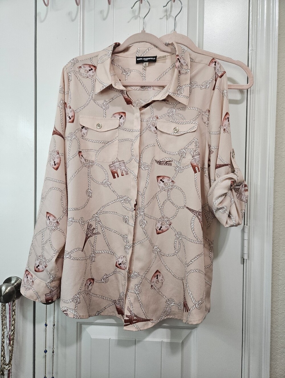 Karl Lagerfeld Blush Rope-Print Button-Down Blouse